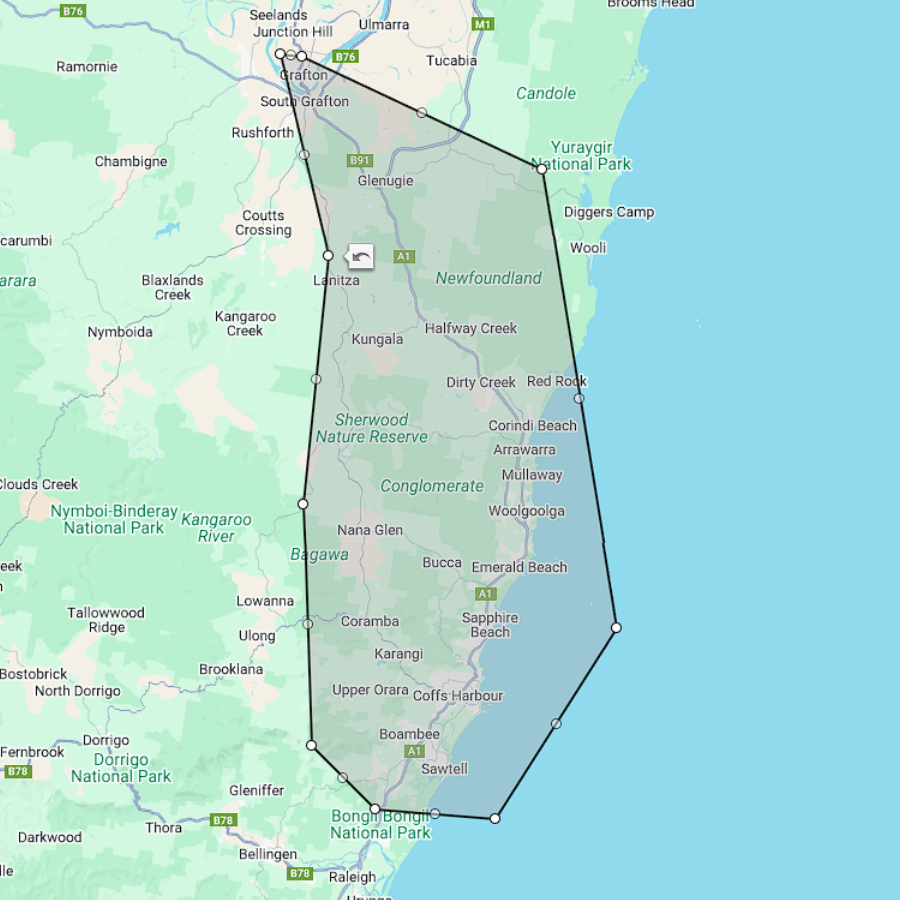 Map of the area of service. Grafton to Coffs Harbour.